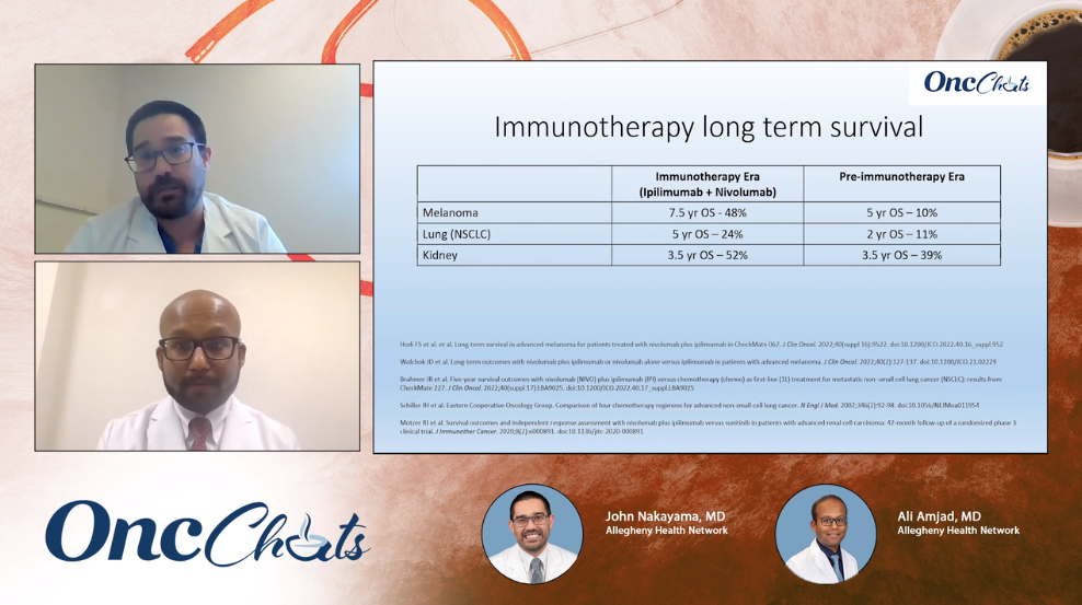 In this fourth episode of OncChats: Immunotherapy and You, John Nakayama, MD, and Ali Amjad, MD, highlight long-term survival data reported with immunotherapy approaches in patients with gynecologic cancers.