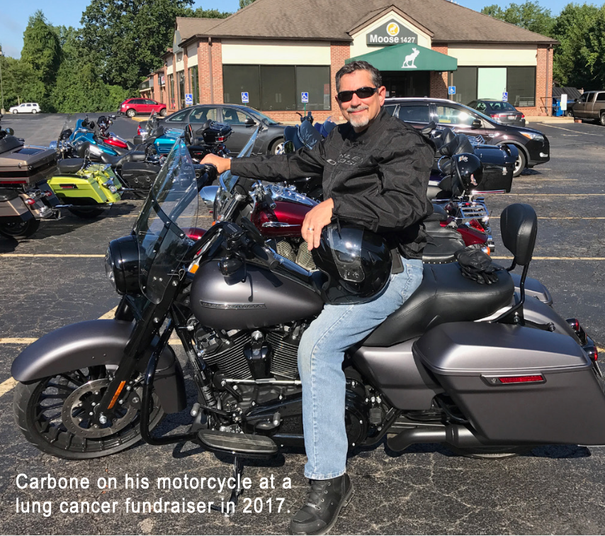 Carbone on his motorcycle at a lung cancer fundraiser in 2017.
