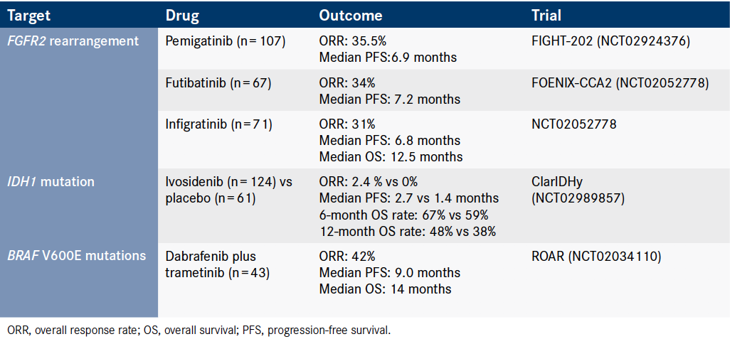 Table. Outcomes From Notable Clinical Trials Using Targeted Therapies

for Patients With Cholangiocarcinoma17-19,24,26,29