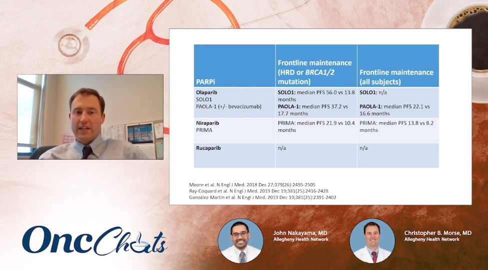 In this fourth episode of OncChats: Taking Action to Individualize Ovarian Cancer Care, John Nakayama, MD, and Christopher Morse, MD, discuss key developments made with PARP inhibitors in the ovarian cancer treatment paradigm.