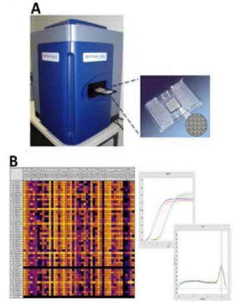 (A), BioMark/microfluidic chip system forsingle-cell expression analysis of candidate genes andmicrofluidic chip. (B) Expression heat map and representativeamplification curves and melting point peaks from asingle-cell PCR assay. Single-cell protein detection can besimilarly analyzed using the proximity ligation assay.