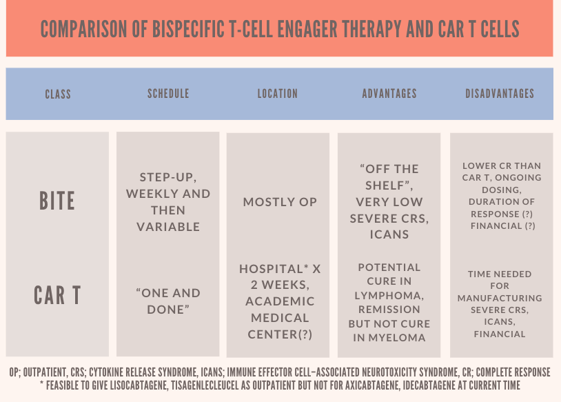 Comparison of bispecific T cell engager (BiTE) therapy and CAR T cells