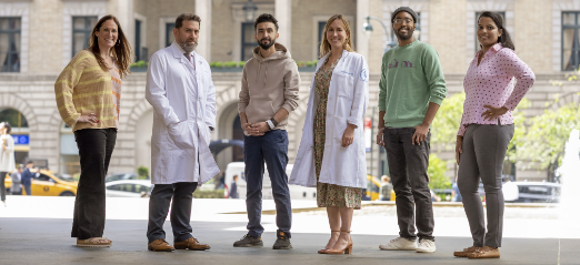 Diaz and Andrea Cercek, MD, with from left, patients Sascha Roth, Imtiaz Hussain, Avery Holmes, and Nisha Varughese. Diaz’s immunotherapy research informed Cercek’s trial exploring dostarlimab (Jemperli), which cured rectal tumors in these 4 patients.