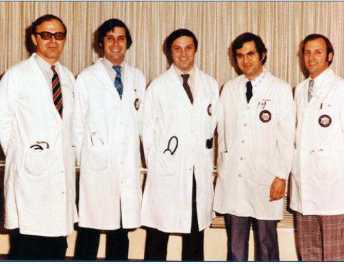 The Gang of Five in 1970, from left George P. Canellos, MD; Bruce A. Chabner, MD; Phillip Schein, MD, DSc (Hon); Vincent T. DeVita Jr, MD; and Young. Canellos and DeVita are Giants of Cancer Care®. Canellos, Schein, DeVita, and Young are former ASCO presidents.