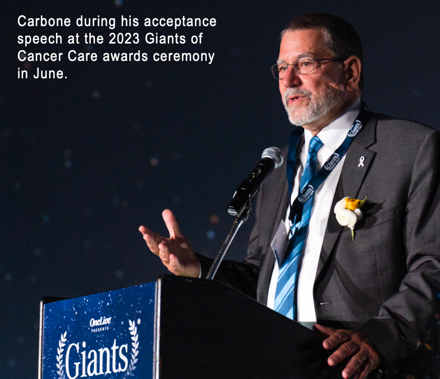 Carbone during his acceptance speech at the 2023 Giants of Cancer Care awards ceremony in June.